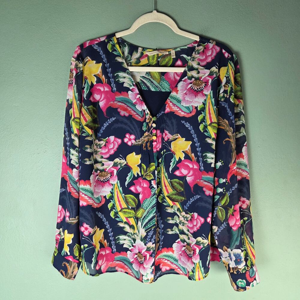 Soft Surroundings XL Floral Samantha Georgette Blouse Navy Blue Pink Boho Top